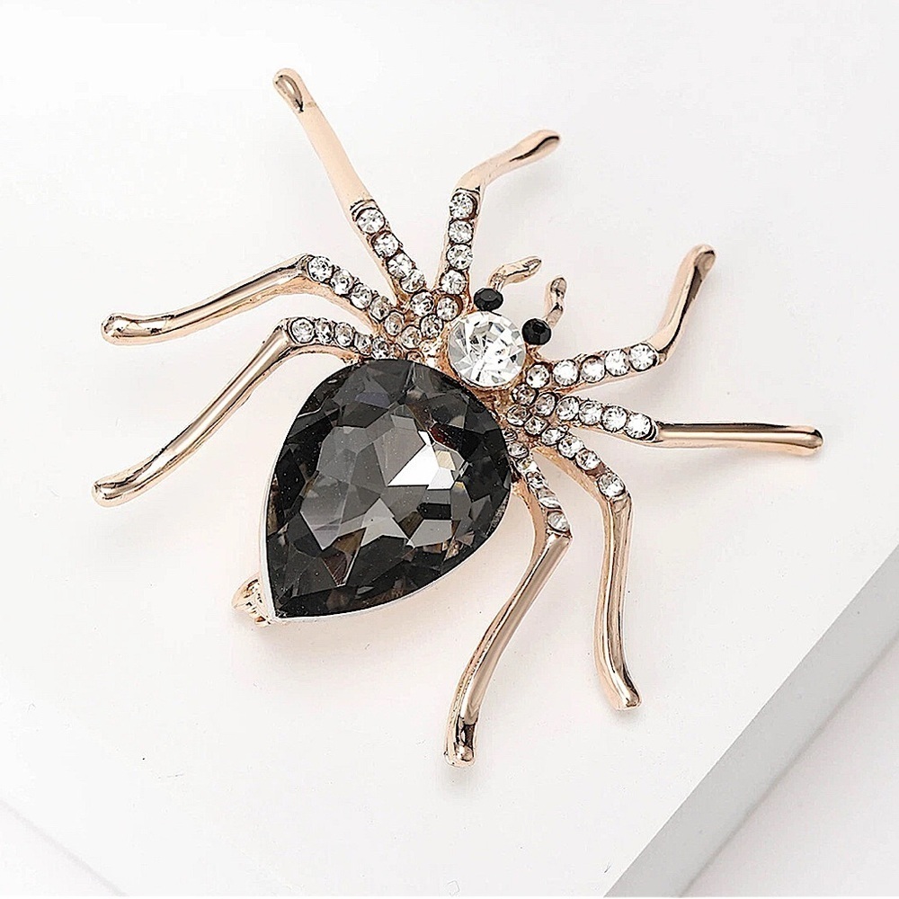 Elegant Gold Black Spider Brooch Art Deco Style Enamel Grey Crystal Spider Pin